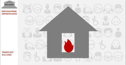Grafika: szary dom i czerwony płomień w środku