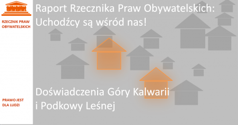 Grafika: na szarym tle szare sylwetki domów, a dwa - świetliście pomarańczowe. Napis: "Raport RPO. Uchodźcy są wśród nas! Doświadczenia Góry Kalwarii i Podkowy Leśnej"