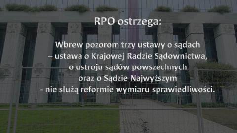 Napis "RPO ostrzega" na zdjęciu kolumnady budynku Sądu Najwyższego