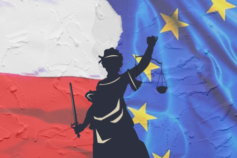 kolaż z flagą UE i Polski oraz symbolem temidy