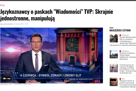 screen wywiadu na stronie internetowej gazety, na zdjęciu prezenter Wiadomości TVP czyta informacje, a na pasku napis : "4 czerwca - symbol zmowy i zdrady elit"