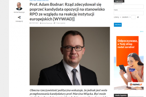 Screen strony internetowej z wywiadem i zdjęciem RPO Adama Bodnara