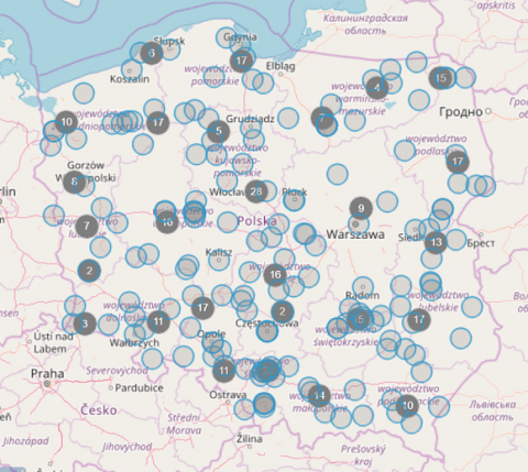 grafika: mapa polskich z zaznaczonymi na szaro i niebiesko punktami