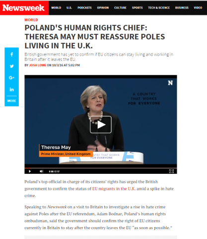 Strona internetowa Newsweek.com z tytułem " Poland's Human Rights Chief: Theresa May must reassure Poles living in the UK