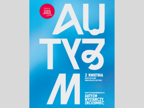 niebieski plakat z zakrzywionym napisem autyzm