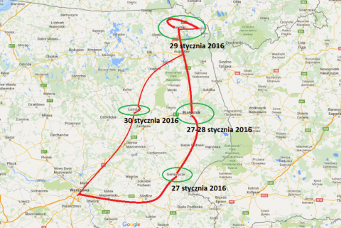 Mapa północno-wschodniej Polski z zaznaczoną trasą podróży RPO