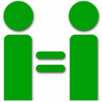 na zdjęciu zielona grafika przedstawiająca dwa pionowe prostokąty z kółkami na górze, które symbolizują ludzi, pomiędzy nimi znak równości