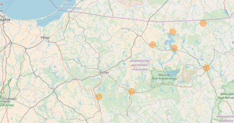 Mapa województwa warmińsko-mazurskiego z zaznaczonymi miejscowościami spotkań